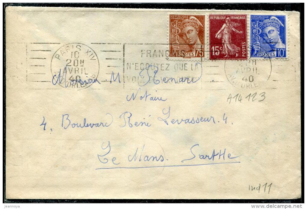 FRANCE - MERCURE - N° 407 + 416A + 189 / LETTRE O.M. PARIS LE 10/4/1940, POUR VESOUL  - TB - 1938-42 Mercure