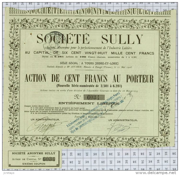 Sté Sully, Pour Le Perfectionnement De L'industrie Laitiere à Tours En Indre Et Loire, Notaire à Dange, Vienne - Landbouw