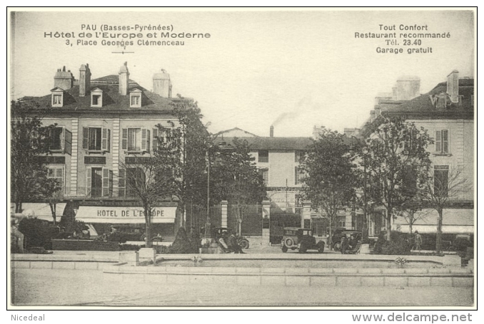 CPA Photo N&B Animée 64000 PAU 64 Basses Pyrénées Atlantiques – Hôtel De L’Europe Et Moderne 3, Place Georges Clémenceau - Pau