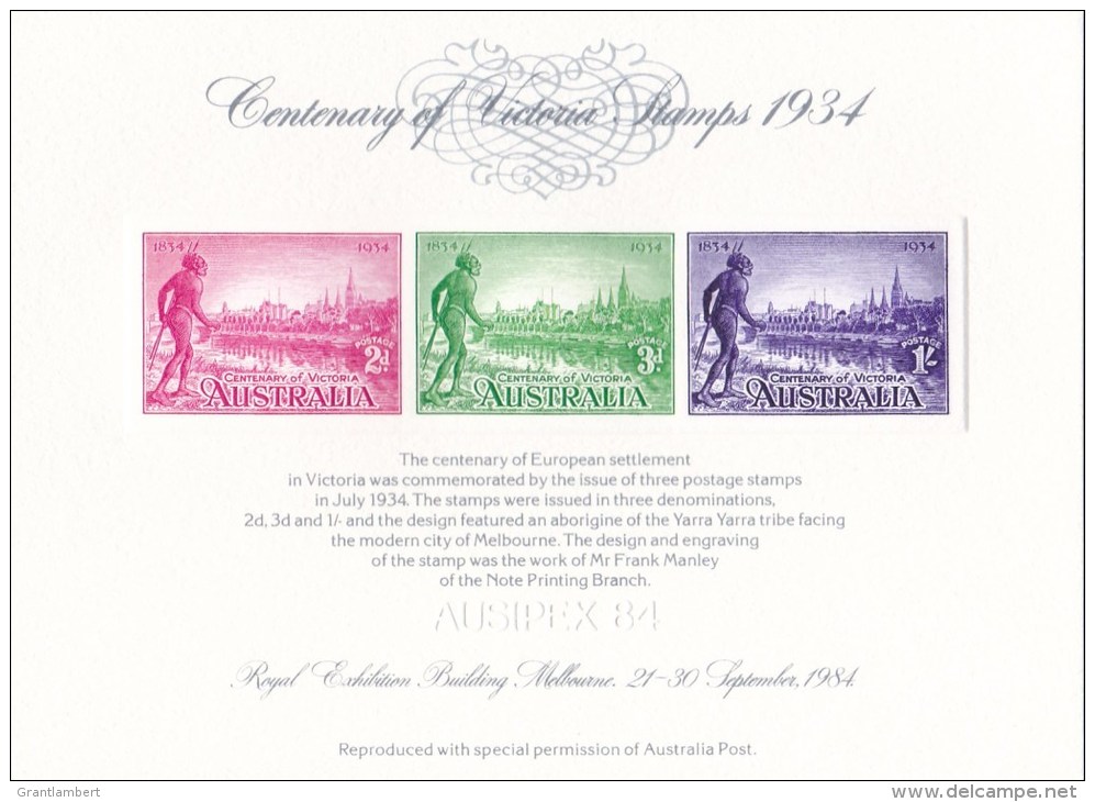 Australia 1934 Victoria Stamps Centenary Replica Card -  AUSIPEX 84, 20944 - Covers & Documents