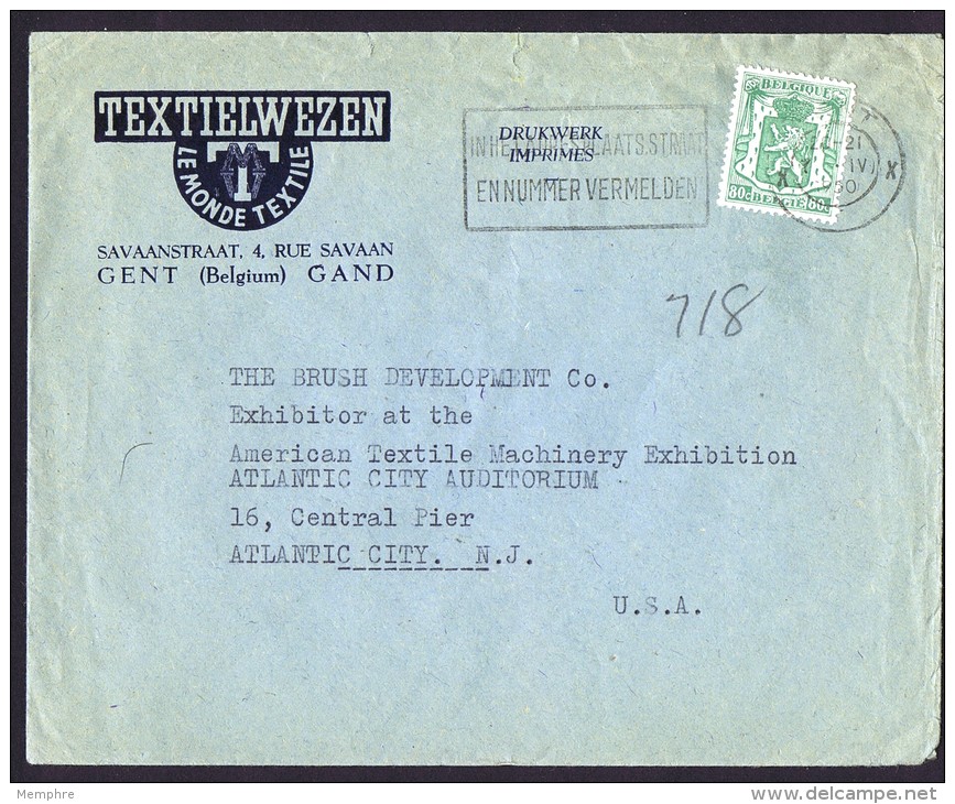 Lettre  De Gent Pour Les USA Tarif Imprimés  COB 713A Seul - 1935-1949 Petit Sceau De L'Etat