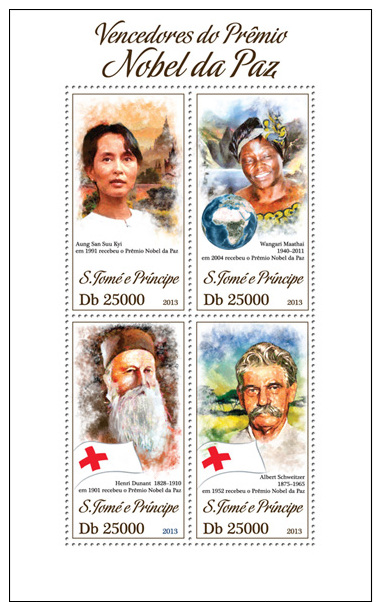 St13413a S.Tome Principe 2013 Nobel Peace Prize Peace S/s Red Cross Henri Dunant Albert Schweitzer - Albert Schweitzer