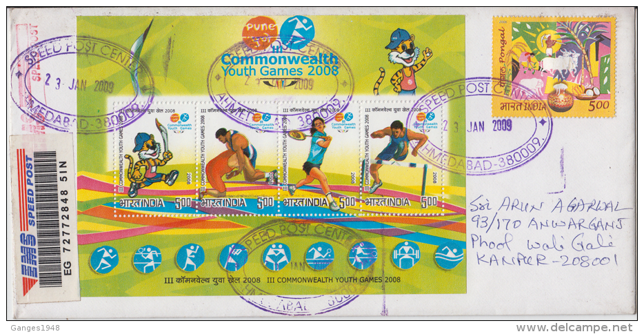 India 2009 Speed Post Cover  Commonwealth Games 4v S/S  Wrestling  Logo  Badminton  Atheletics # 51079 - Badminton