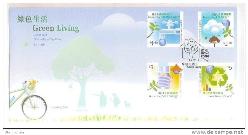 FDC 2011 Hong Kong Green Living Stamps Water Energy Spigot Light Bulb Recyciling Globe Bird Tree Bicycle - FDC