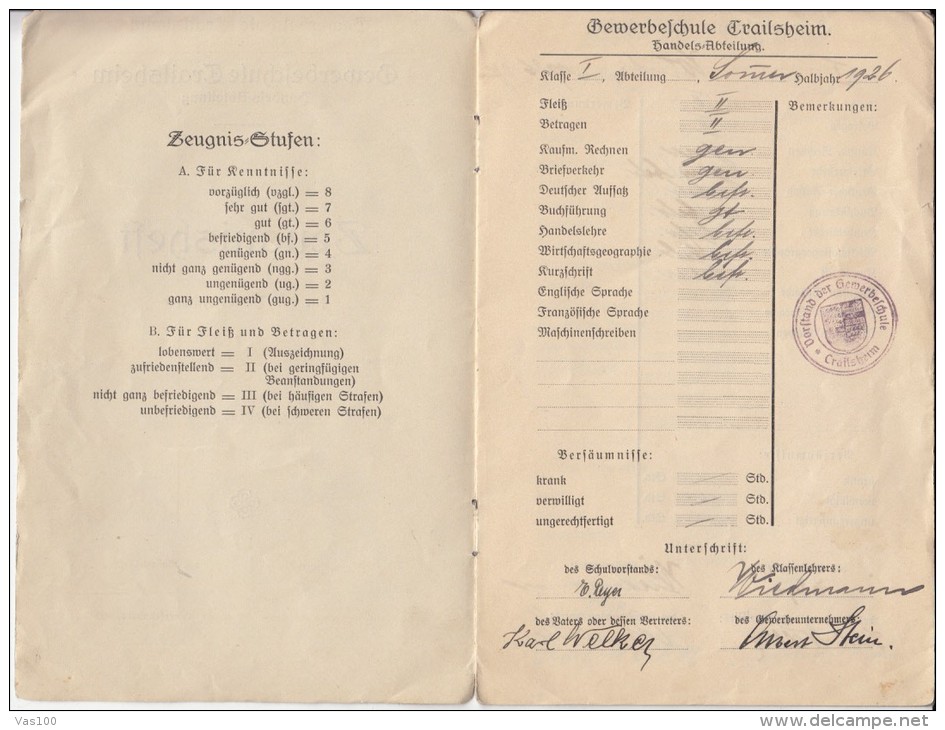 CERTIFICATE BOOKLET FROM TRADE SCHOOL, GRADES STUDENT BOOK, 1926- 1929, GERMANY - Diplômes & Bulletins Scolaires