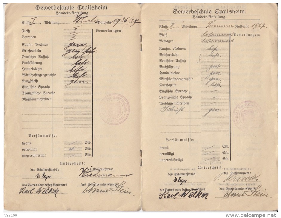 CERTIFICATE BOOKLET FROM TRADE SCHOOL, GRADES STUDENT BOOK, 1926- 1929, GERMANY - Diplomi E Pagelle