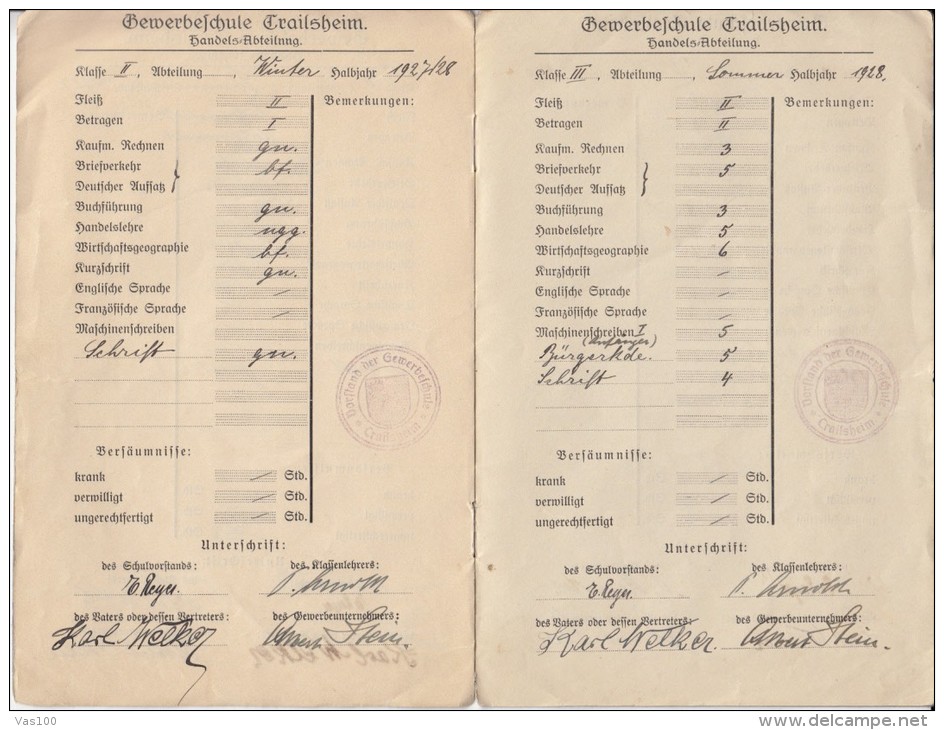 CERTIFICATE BOOKLET FROM TRADE SCHOOL, GRADES STUDENT BOOK, 1926- 1929, GERMANY - Diplome Und Schulzeugnisse