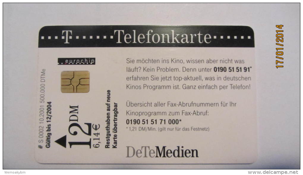 Telefonkarte Der Deutschen Telekom "Kinoprogramm 0190 51 51 91* " 12 DM, 10.2001, Auflage: 500.000 - S-Series: Schalterserie Mit Fremdfirmenreklame