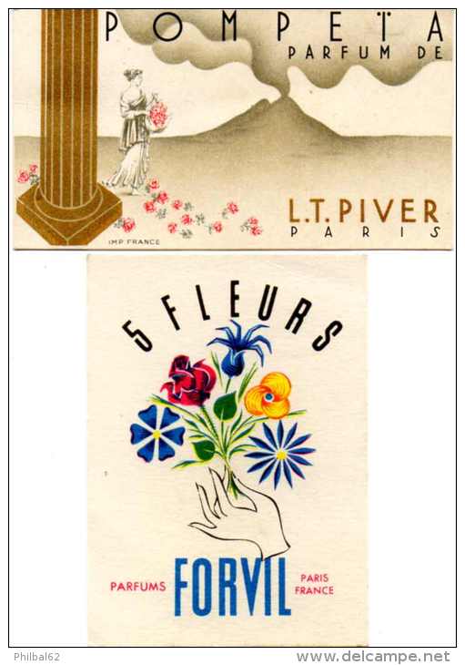 Lot De 2 Cartes Parfumées : Pompeta De L.T.Piver Et 5 Fleurs De Forvil. - Anciennes (jusque 1960)