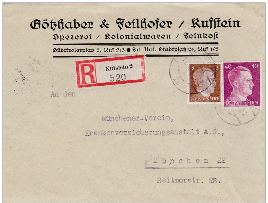 1941 D. Reich BESSERE MiF.  Firmen R.-Brief Kufstein/München. Bahnpost. MK - Sonstige & Ohne Zuordnung