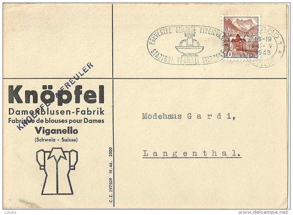 Motiv Karte  "Knöpfel, Damenblusen Fabrik, Viganello"            1948 - Brieven En Documenten