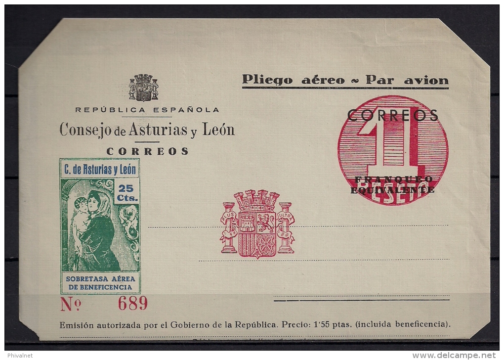 1937, GUERRA CIVIL, AEROGRAMA SIN CIRCULAR DEL CONSEJO DE ASTURIAS Y LEÓN, EXCELENTE PIEZA - Asturies & Leon