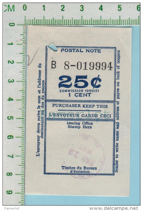 1931 Postal Note ( 25 Cents Avec 1 Cent De Taxe, Timbre De Sorel P. Quebec Canada ) - Canadá