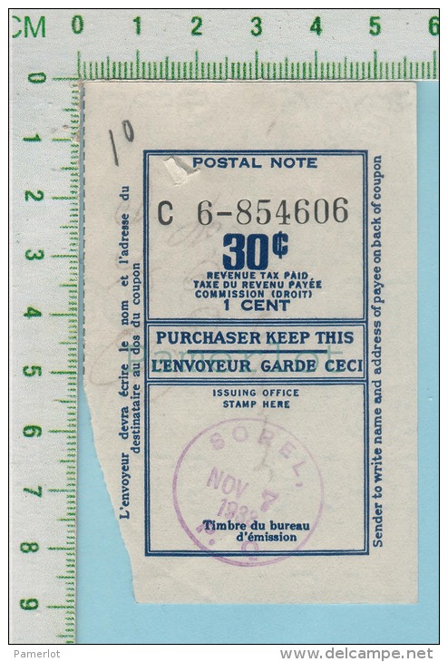 1933 Postal Note ( 30 Cents Avec 1 Cent De Taxe, Timbre De Sorel P. Quebec Canada ) - Canada