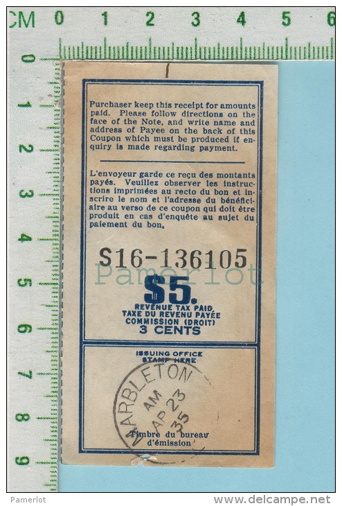 1933 Postal Note ($5.00  Avec 3 Cents De Taxe, Timbre De Marbleton P. Quebec Canada ) - Canada