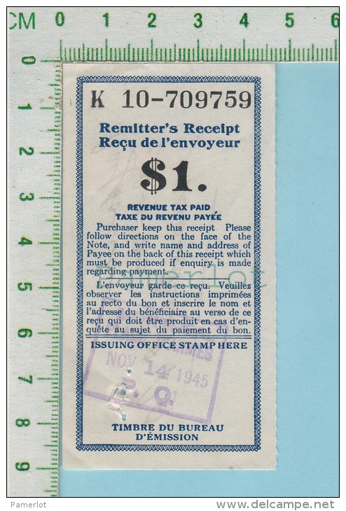 1954 Postal Note ( 90 Cents  Avec Taxe Du Revenu Payée, Timbre De Montreal Place Des Armes P. Quebec Canada ) - Kanada