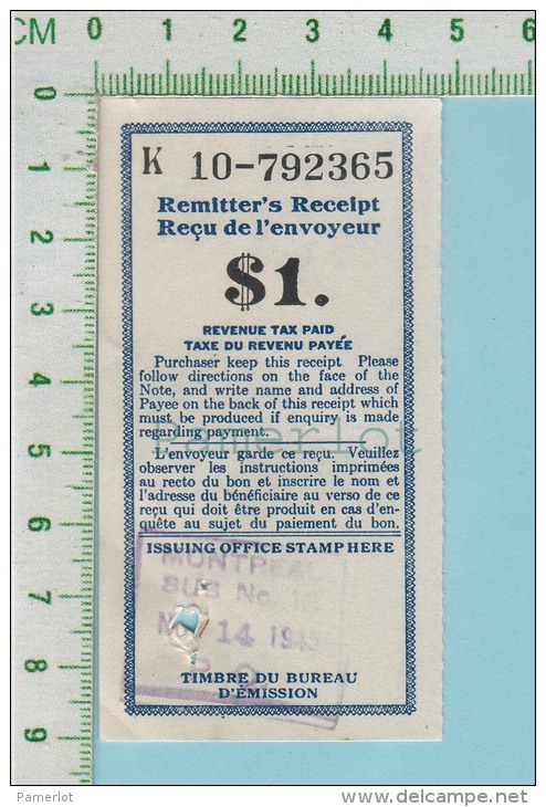 1945 Postal Note ( $1.00  Avec Taxe Du Revenu Payée, Timbre De Montreal P. Quebec Canada ) - Canada