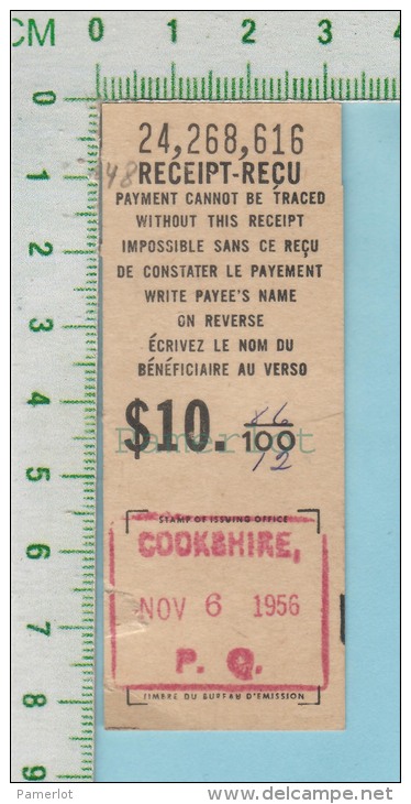 1956 Postal Note ( $10.86 Avec  12 Cents De Taxe , Timbre De Cookshire P. Quebec Canada ) - Canadá