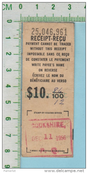 1956 Postal Note ( $10.86 Avec 12 Cents De Taxe , Timbre De Cookshire P. Quebec Canada ) - Canadá