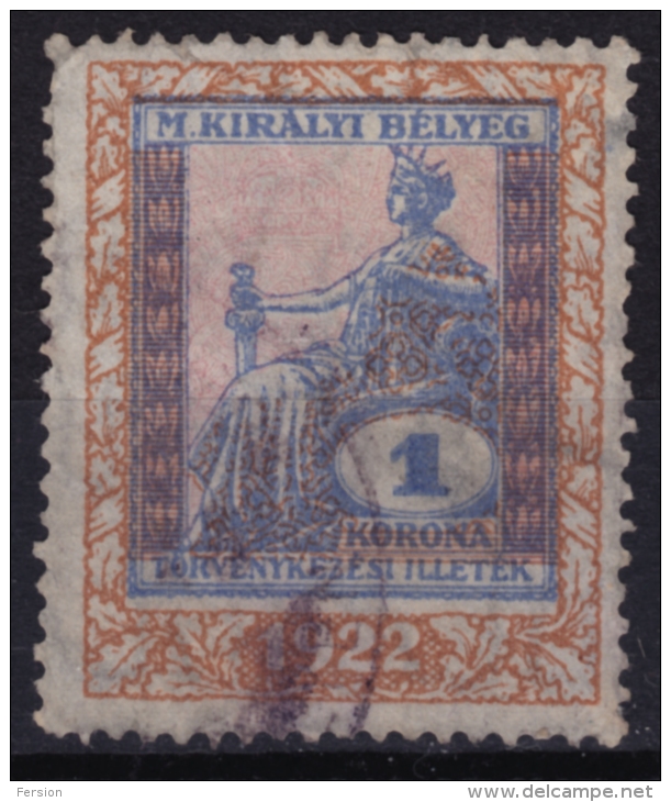 1922 Hungary - Judaical Tax - Revenue Stamp - 1 K - Used - Fiscales