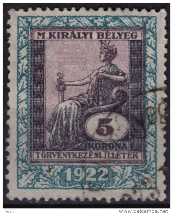 1922 Hungary - Judaical Tax - Revenue Stamp - 5 K - Used - Fiscales