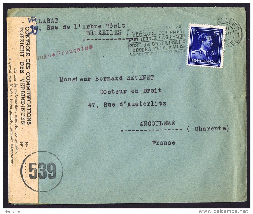 1945  Col Ouvert, V Et Couronne Lettre Pour La France  Censure Belge COB 692 - 1936-1957 Open Collar