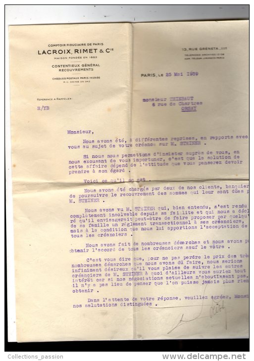 Lettre Sur Papier à En-tête , 1939 , LACROIX , RIMET & Cie , Paris ,13 Rue Gréneta , III E , Contentieux , Recouvrements - Banca & Assicurazione