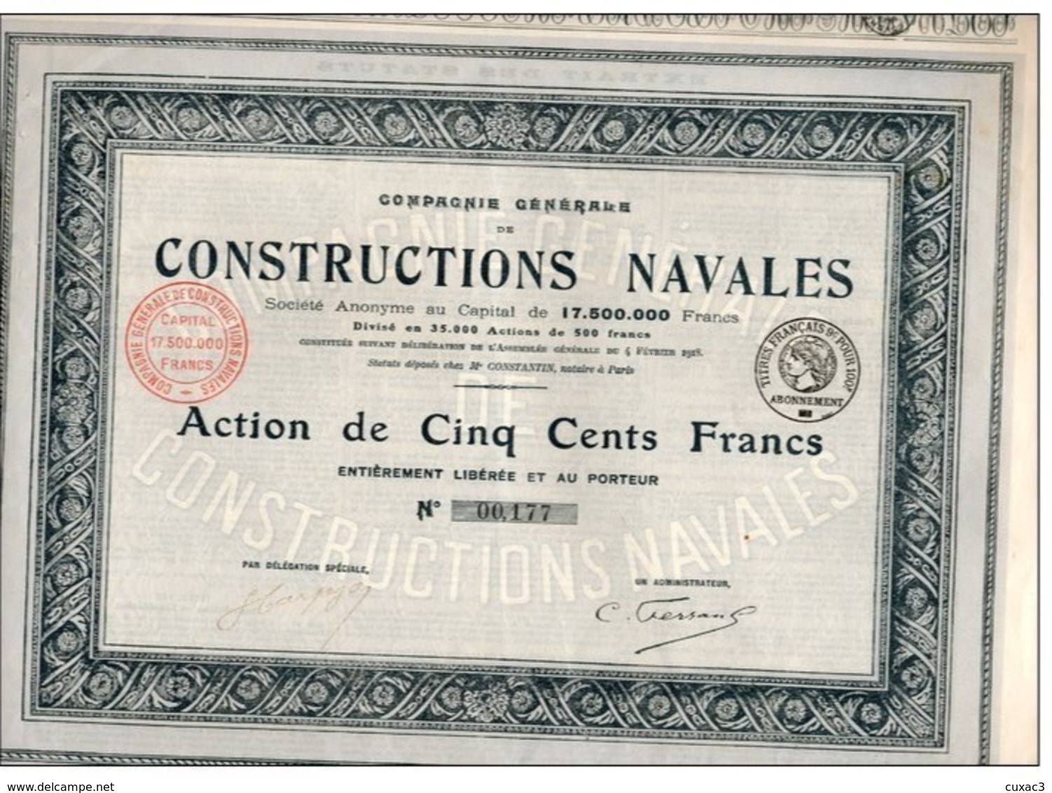 Constructions Navales -action De Cinq Cents Francs - Entiérée Liberée Et Au Porteur - Navigation