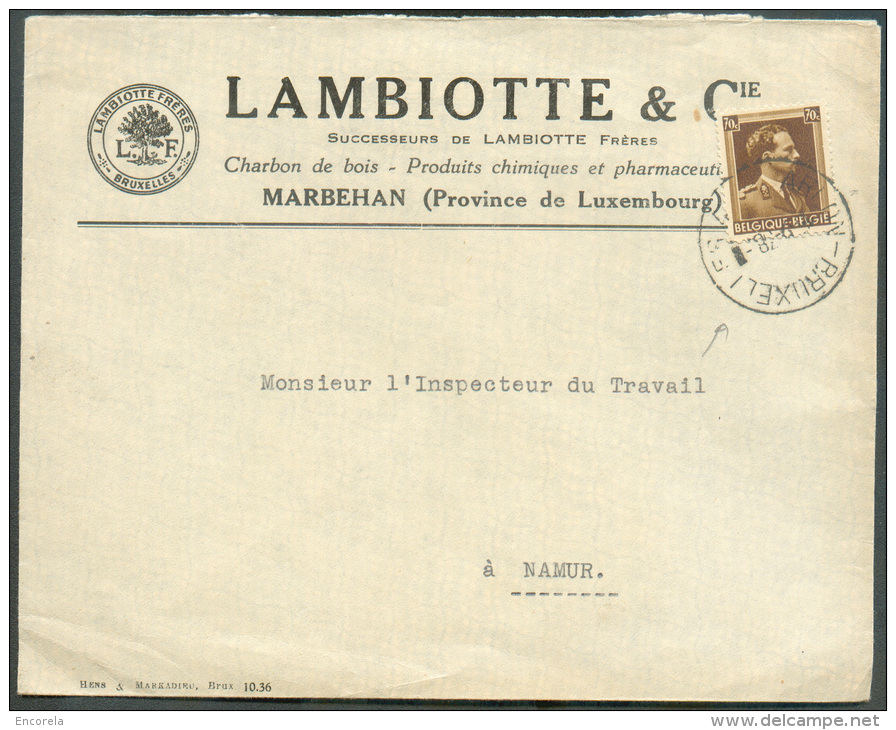 70 Centimes Leopold III Col Ouvert Obl. Sc Ambulant ARLON-BRUXELLES 1 Sur Lettre (en-tête LAMBIOTTE Charbons De Bois, Pr - Lettres & Documents