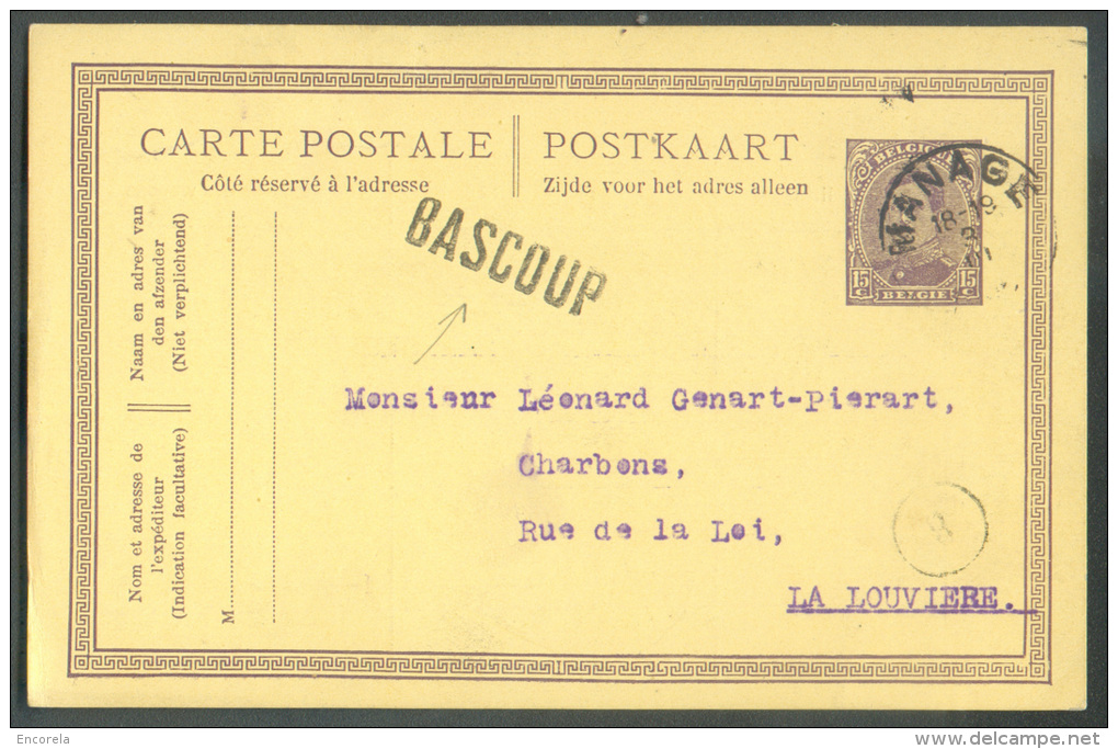 EP Carte 15 Centimes Emission  1915 Obl. Sc MANAGE Du 3-III-1922 + Griffe De BASCOUP Vers La Louvière - 9647 - Griffes Linéaires