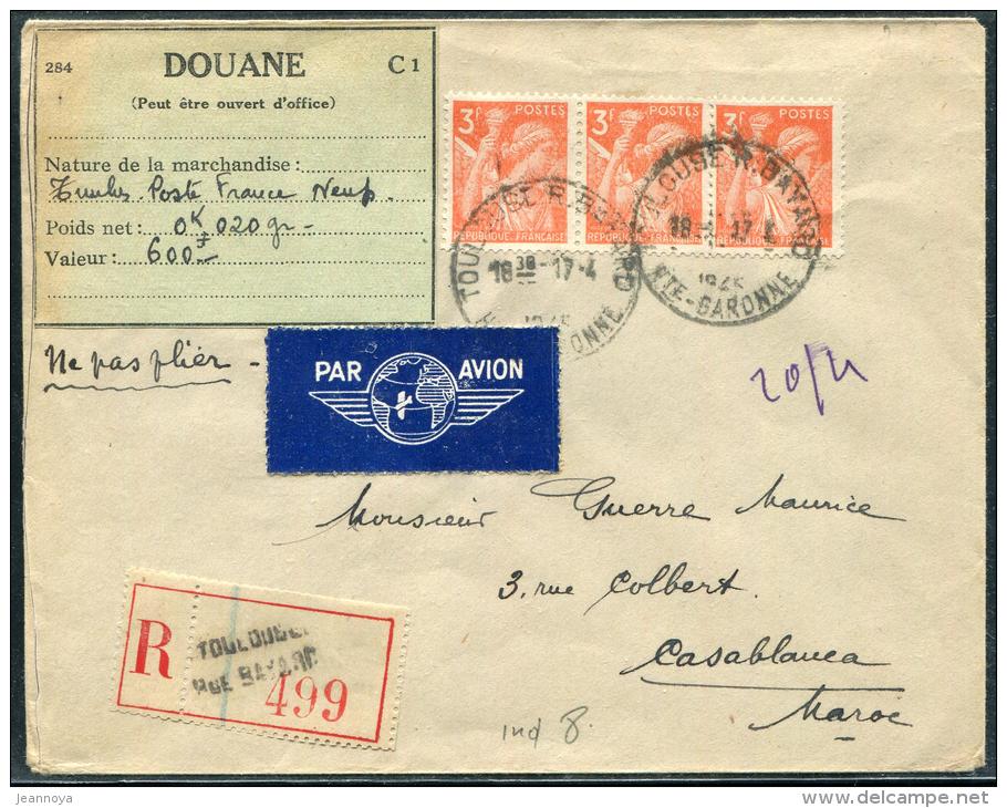 FRANCE - IRIS - N° 655 (3) / LR AVION, OBL. TOULOUSE LE 17/4/1945, POUR CASABLANCA - TB - 1939-44 Iris