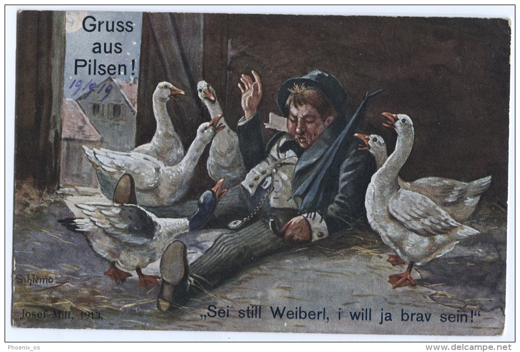 F. SCHLEMO, Humor Postcard, PILSEN, Czech Republic, Goose - Schlemo, F.