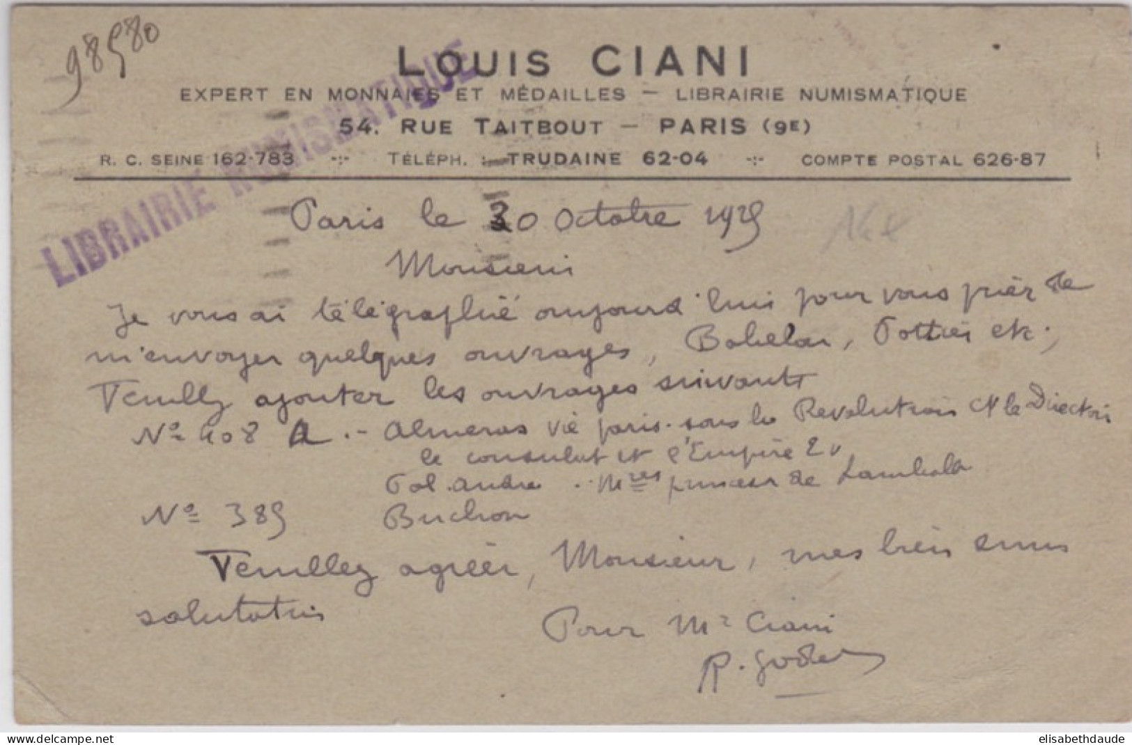 SEMEUSE - 1925 - CARTE ENTIER Avec REPIQUAGE PRIVE De LOUIS CIANI (LIBRAIRIE NUMISMATIQUE) à PARIS - Postales  Transplantadas (antes 1995)