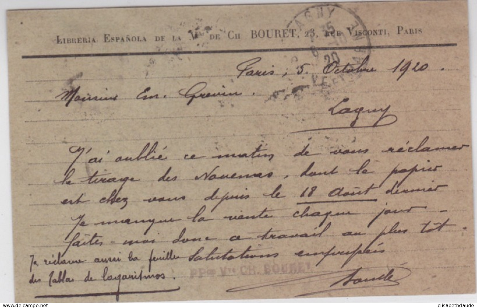 SEMEUSE - 1920 - CARTE ENTIER Avec REPIQUAGE PRIVE De BOURET (LIBRAIRIE ESPAGNOLE) à PARIS - Overprinter Postcards (before 1995)