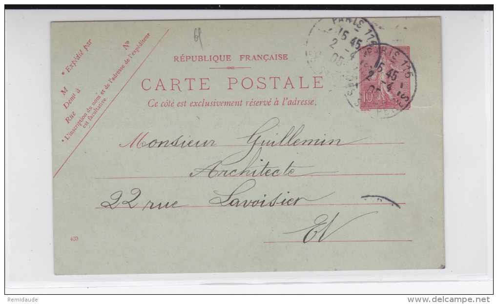 SEMEUSE - 1905 - CARTE ENTIER Avec REPIQUAGE PRIVE De DEBRIE EXPERT à PARIS - Bijgewerkte Postkaarten  (voor 1995)