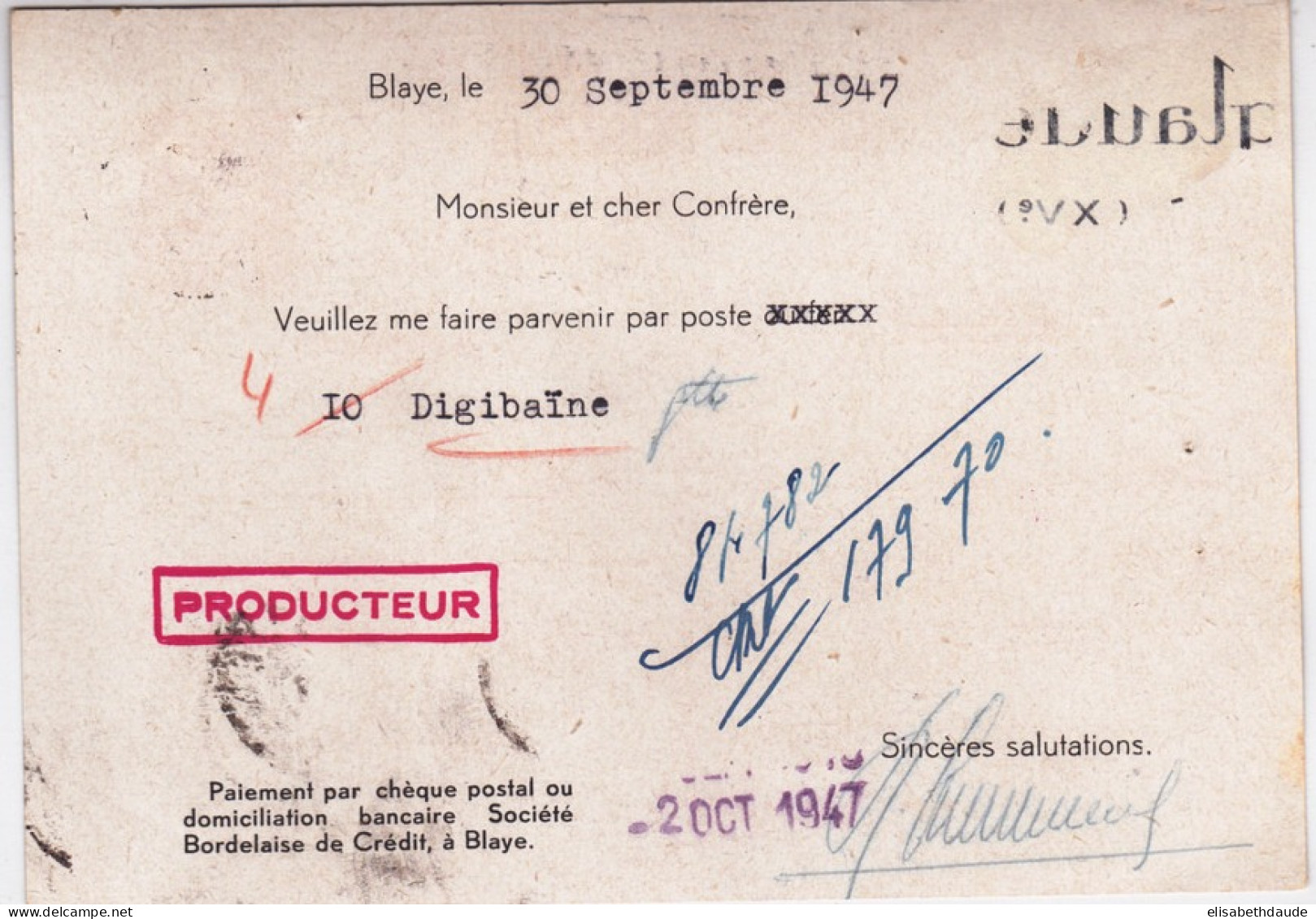 CERES DE MAZELIN - 1947 - CARTE ENTIER Avec REPIQUAGE PRIVE Du LABORATOIRE FUMIGALENE PHARMACIE à BLAYE (GIRONDE) - AK Mit Aufdruck (vor 1995)