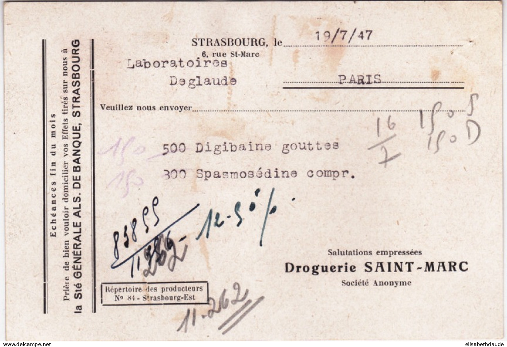 CERES DE MAZELIN - 1947 - CARTE ENTIER Avec REPIQUAGE PRIVE De La DROGUERIE SAINT MARC à STRASBOURG - Cartes Postales Repiquages (avant 1995)
