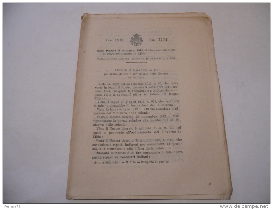 LIBIA CORPO DI VOLONTARI ITALIANI REGIO DECRETO 1913 - Décrets & Lois