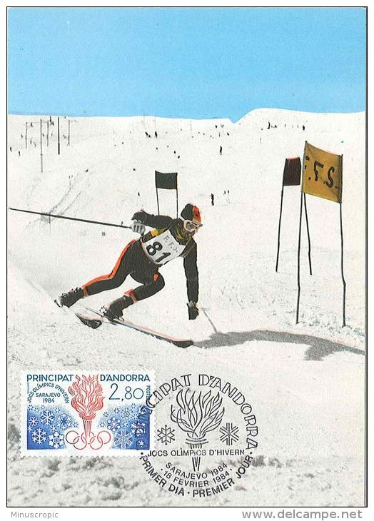 CM Andorre - 1984 - Jeux Olympiques D'Hiver - Sarajevo - Le Ski - Cartoline Maximum