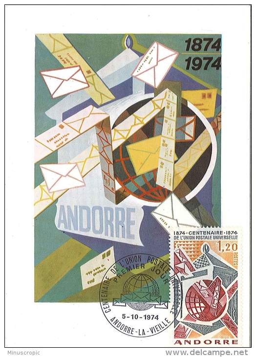 CM Andorre - 1974 - Centenaire De L'union Postale - Maximumkarten (MC)