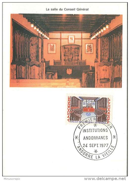 CM Andorre - 1977 - Institutions Andorranes - Salle Du Conseil Générale - Cartas Máxima