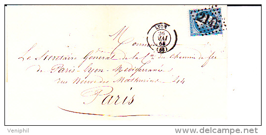 LETTRE AFFRANCHIE N° 22 OBLITEREE LOSANGE GROS CHIFFRES 2145 - CAD LYON -26 MAI 1863 - 1849-1876: Klassieke Periode