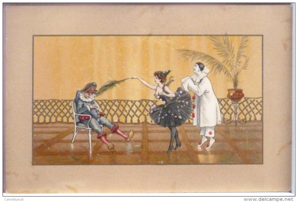 Cpa Litho Doré PRECURSEUR ILLUSTRATEUR  HARDY ? BUSI ? Pierrot Colombine Arlequin Polichinelle Plume De Paon 1900 - Hardy, Florence