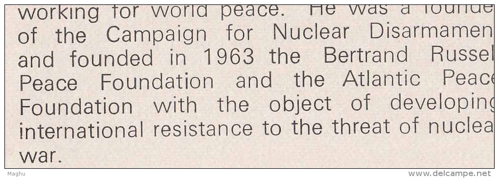Stamped Information On Centenary Series, Bertrand Russell,  Mathematics,  Science, Writer,  Anti Nuclear, 1972 India - Writers