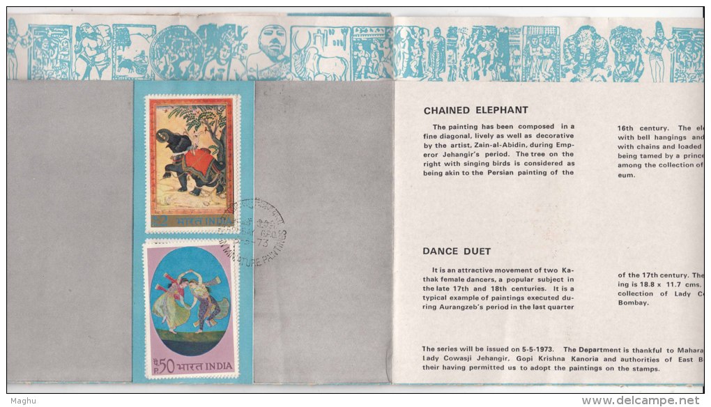 Stamped On Information Sheet,  Indian Miniature Paintings, Elephant, Camel, Dog, Dance, Art, India 1973, (Cond, As Scan) - Covers & Documents
