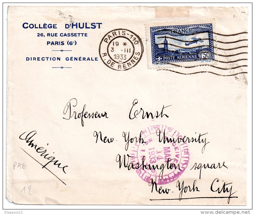 Lettre à Entête Collège D'Hulst Paris 1933 Pour Professeur Ernst New York University Timbre PA6 Oblitération Flier - 1921-1960: Période Moderne