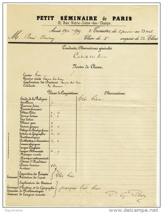 Notes De Classe Bulletin Relevé Petit Séminaire De Paris 19 Rue Notre Dame Des Champs 1904-1905 - Diplomas Y Calificaciones Escolares