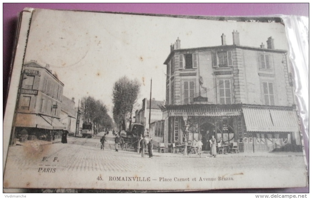 93 - ROMAINVILLE -  PLACE CARNOT ET AVENUE BRAZZA -  CAFE - CPA ECRITE EN 1915 - Romainville