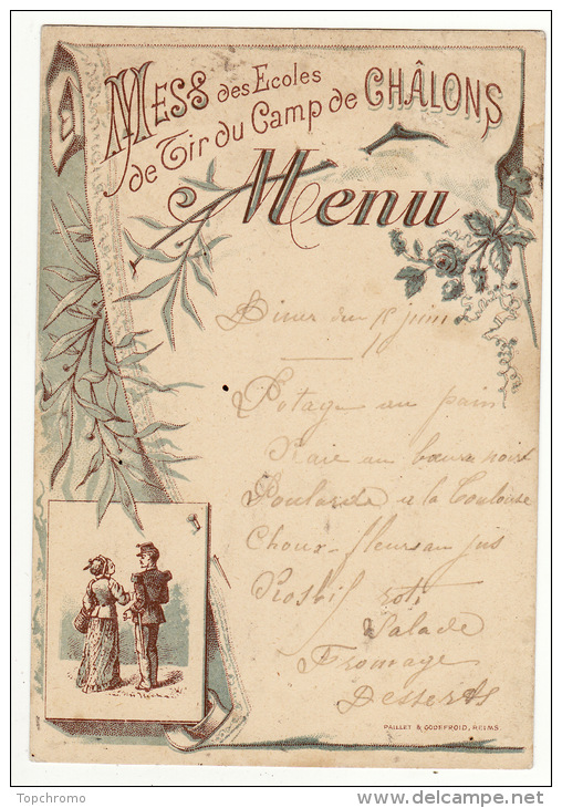 Menu Mess Des Ecoles De Tir Du Camp De Châlons 1910 Militaire Militaria - Menus