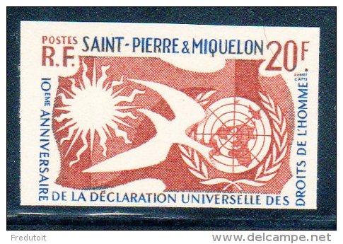SAINT PIERRE ET MIQUELON - N° 358 **  NON DENTELE   (1958) 10ème Anniversaire Des Droits De L´hommme - Unused Stamps